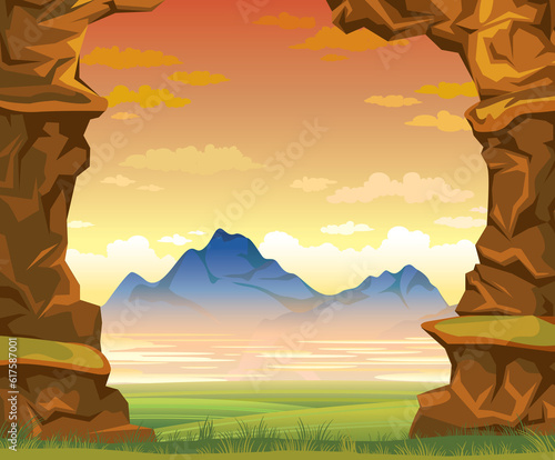 Summer landscape with green meadow  mountains and wall of rock on a sunset cloudy sky. Vector nature illustration.