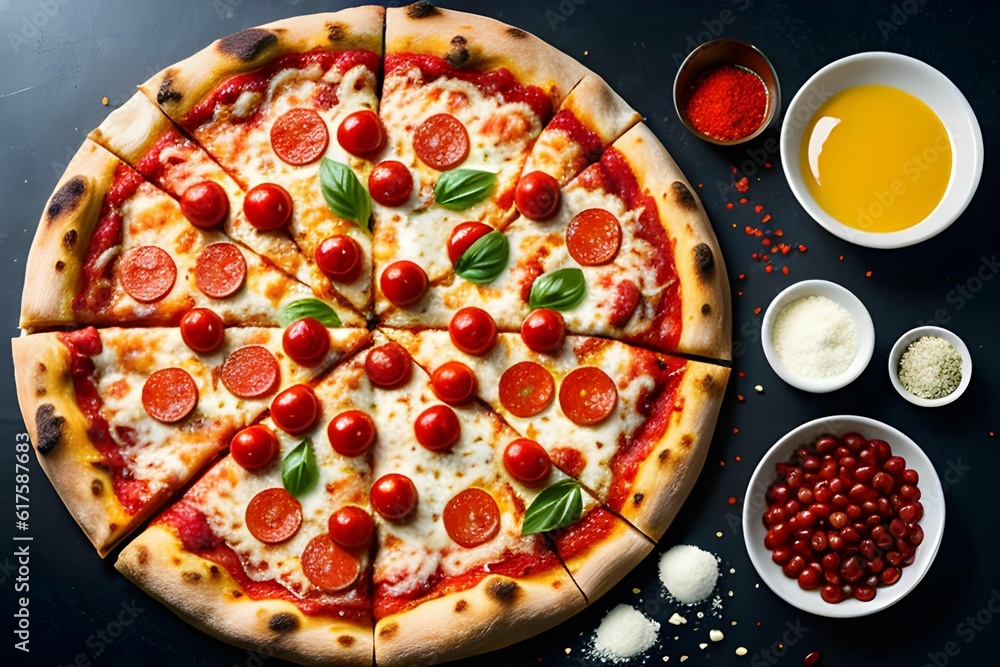 Pizza on a board, next to some delicious cooking ingredients, AI generated