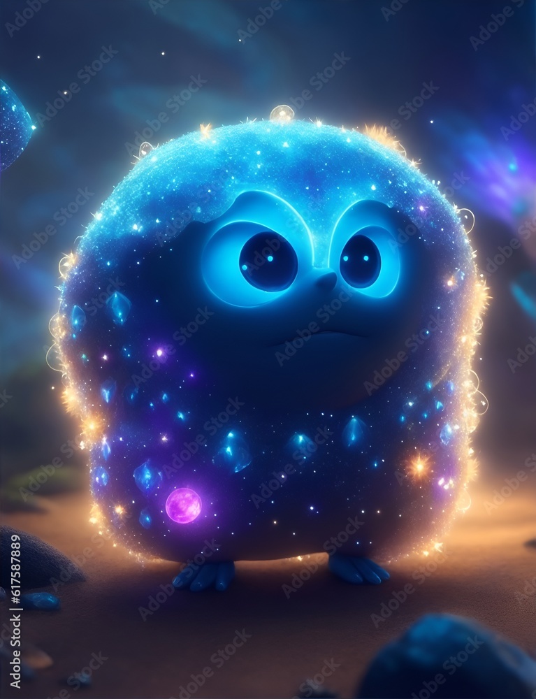 cute blue plush character with sparkles and luminescent crystals on his body cute blue plush character with sparkles and luminescent crystals on his body