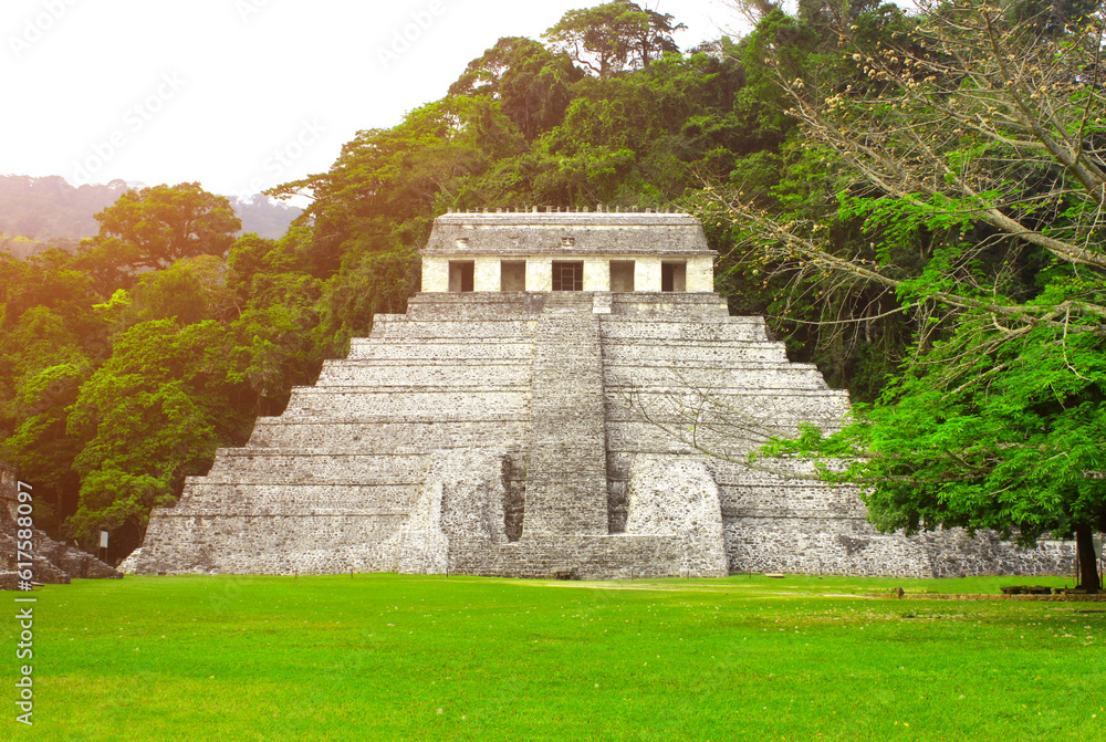 Temple of the Inscriptions - mesoamerican stepped pyramid structure at the pre-Columbian Maya civilization, Palenque, Chiapas, Mexico. UNESCO world heritage site Temple of the Inscriptions - mesoamerican stepped pyramid structure at the pre-Columbian Maya civilization, Palenque, Chiapas, Mexico. UNESCO world heritage site