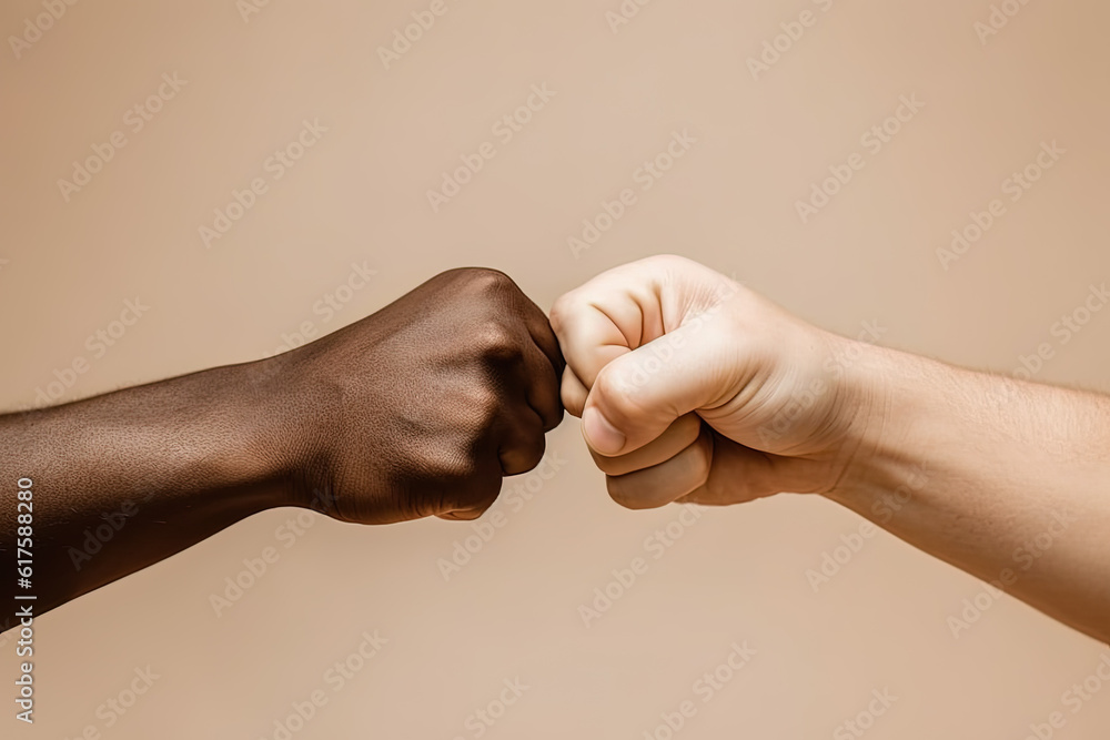 close up of a fist bump isolated on beige background, hands and teamwork, support or collaboration for team building, solidarity or unity, hand connection, partnership or greeting - obrazy, fototapety, plakaty 