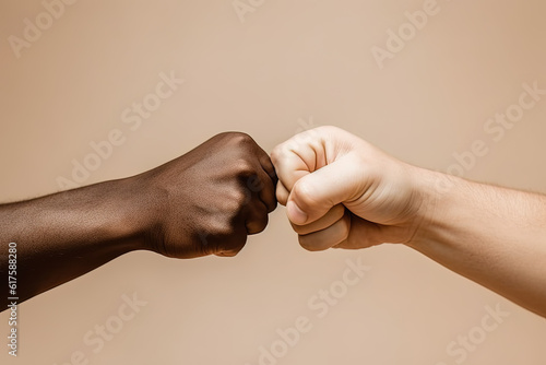 close up of a fist bump isolated on beige background, hands and teamwork, support or collaboration for team building, solidarity or unity, hand connection, partnership or greeting photo