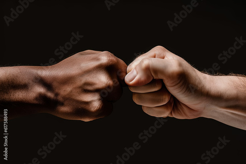 close up of a fist bump isolated on black background, hands and teamwork, support or collaboration for team building, solidarity or unity, hand connection, partnership or greeting