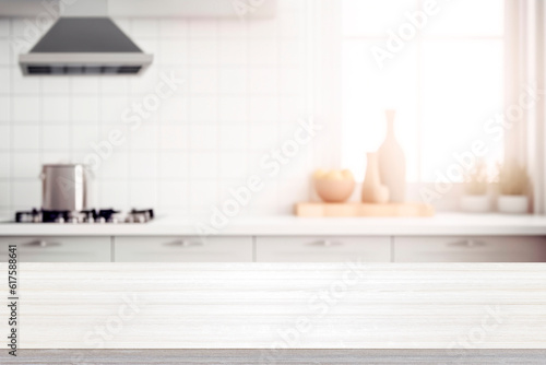 Empty Wood table top on blurred kitchen background..