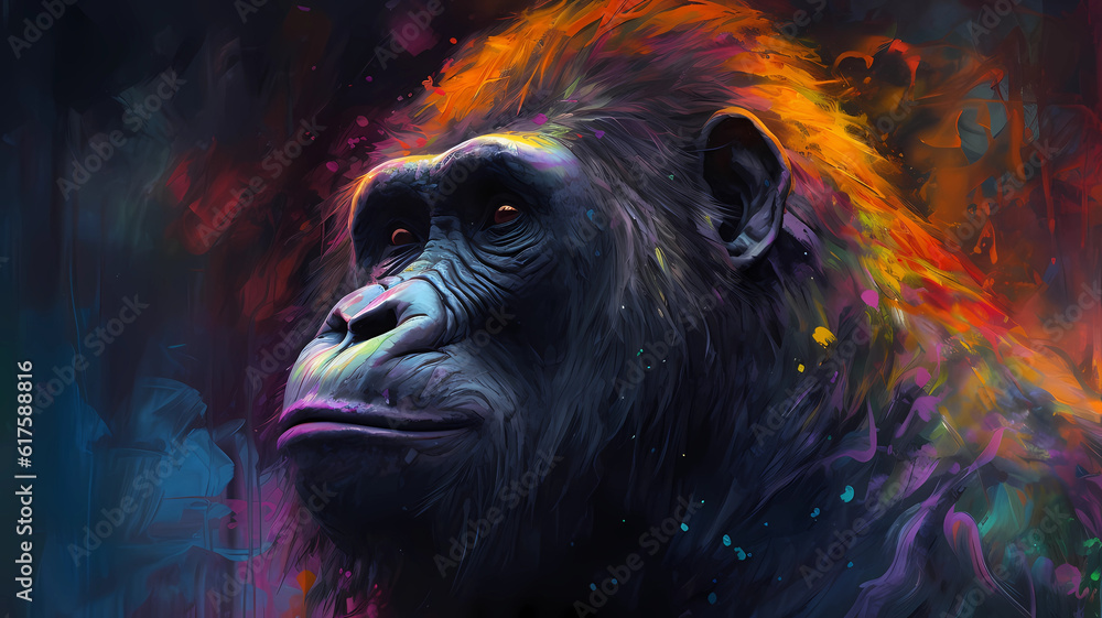 Obraz premium ai generated gorilla in the sky,neon oil painting,thick brushstrokes