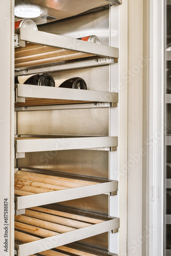 the inside of an oven that is being used to cook pizzas and other food items for sale on shelves