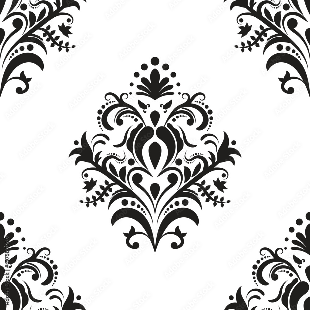 Damask floral motif tile pattern. Luxury wallpaper texture ornament decor. Baroque Textile, fabric, tiles. Isolated on Transparent background.
