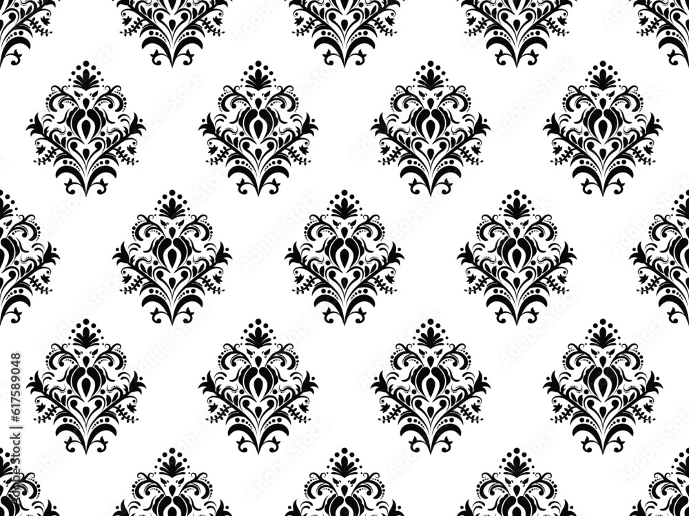 Damask digital paper seamless floral pattern. Black Flowers on a white background. Luxury Royal Wallpaper.