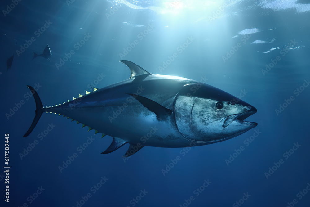 Fototapeta premium Image of a giant bluefin tuna fish swimming in clear ocean water. Undersea animals. Illustration. Generative AI.