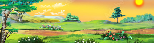 Rural Landscape with a Path against the Yellow Sky in a Summertime. Digital Painting Background, Illustration in cartoon style character.