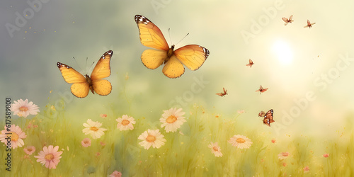 Drawing of a blooming meadow, flowers and butterflies, summer, ai generated