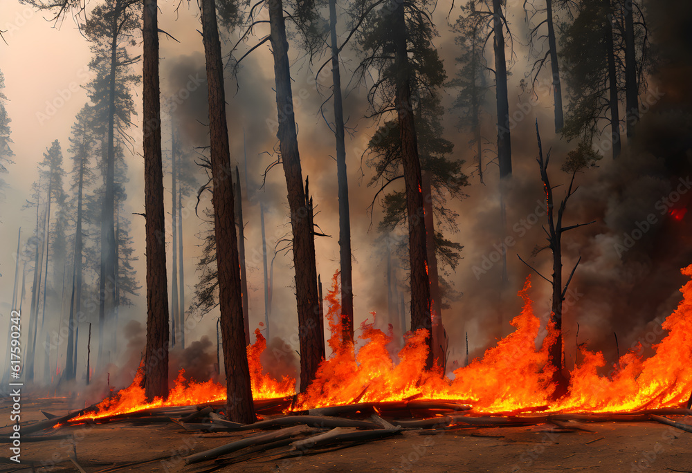 Fire in the woods, burning trees, a natural disaster Fire in the woods, burning trees, a natural disaster