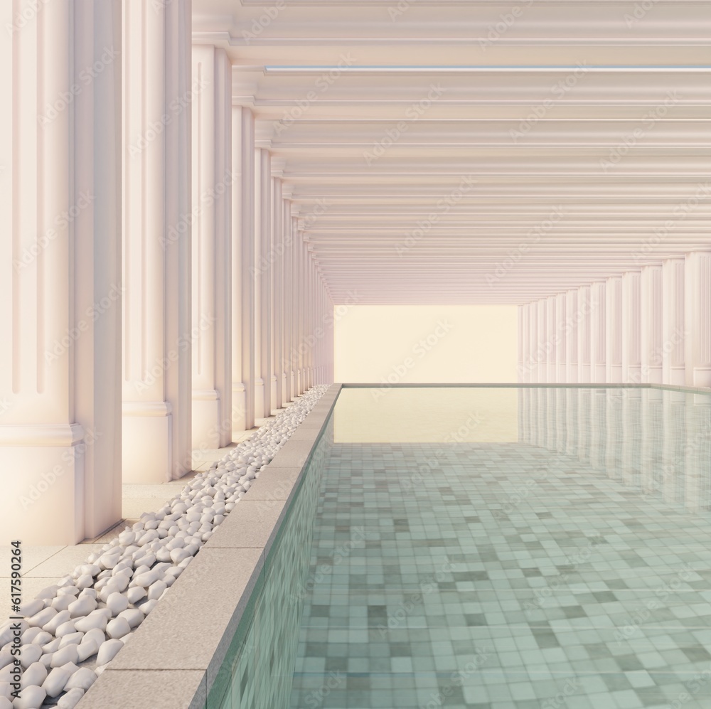 Fototapeta premium The side corner of the classic swimming pool facade Looked through to find a hole in the bright sunlight. with Roman columns left and right The edge of the pool has white stones sprinkled.3d rendering