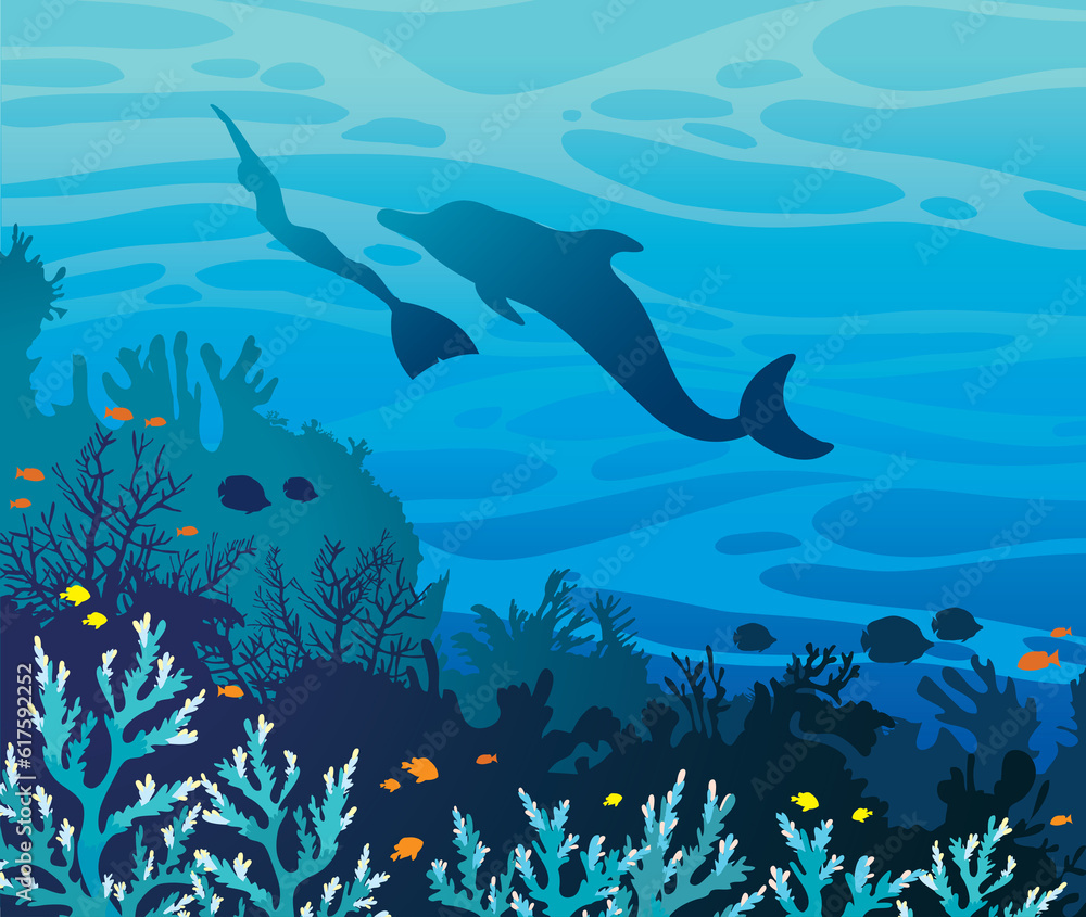 Fototapeta premium Blue coral reef with fishes and silhouette of freediver in monofin and dolphin on a sea background. Underwater vector illustration. Funny freediving.
