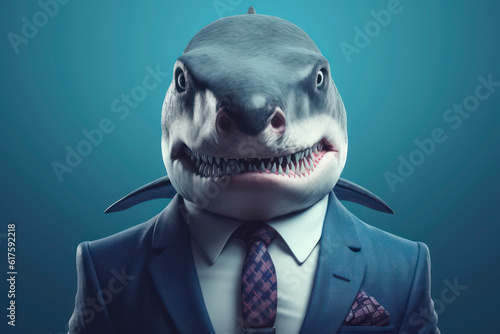 A portrait of a Shark wearing a business suit. AI Generated