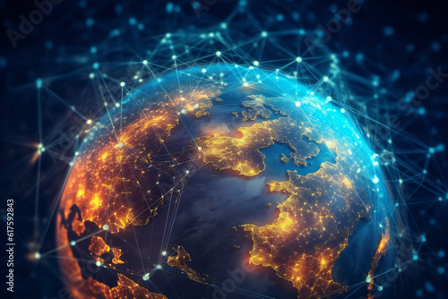 Communication technology with global internet network connected in Europe. Telecommunication and data transfer european connection links. IoT, finance, business, blockchain, security. generative AI