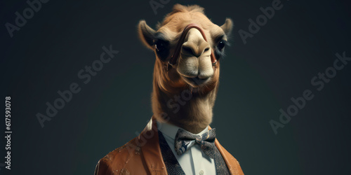 A portrait of a Camel wearing a business suit. AI Generated