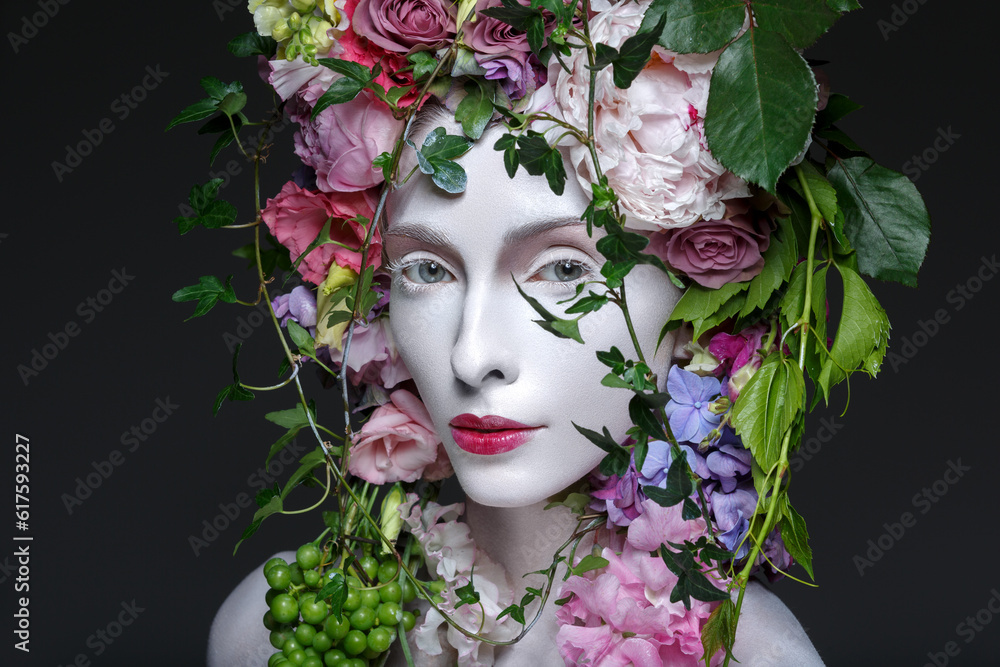 Beautiful young pale white woman with different flowers on head. Flower queen. Beauty shot on black background.
