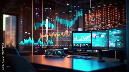 Futuristic Financial Insights: Analyzing Stock Market Trends with a Captivating Holographic Stock Chart Dashboard