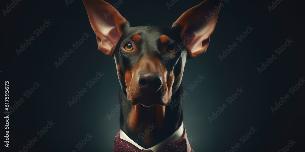 A portrait of a Doberman dog wearing a business suit. AI Generated