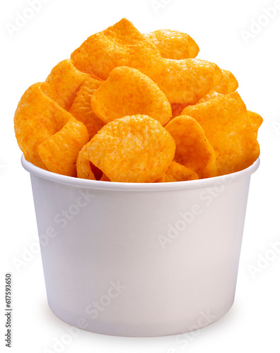Delicious crispy corn chip in paper bucket isolated on white background, Corn chips on white With clipping path.
