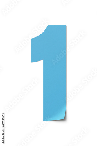 number cut paper 1 light blue color isolated on transparent background