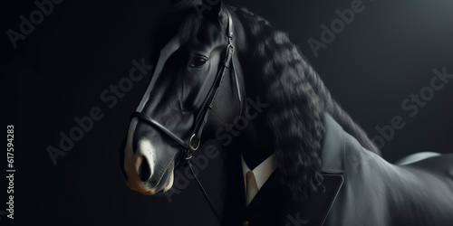 A portrait of a Friesian Horse wearing a business suit. AI Generated © Fernando