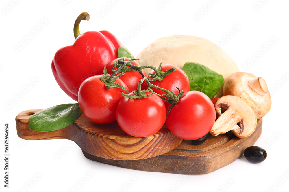 Wooden boards with fresh ingredients for preparing pizza on white background Wooden boards with fresh ingredients for preparing pizza on white background