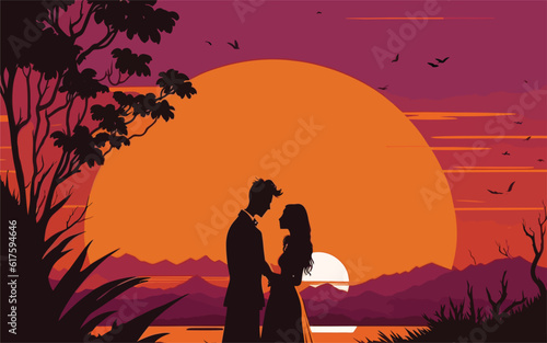illustration showcasing a romantic sunset scene. silhouette of a couple standing together, watching the sunset. romantic posters, relationship themed websites, social media posts.