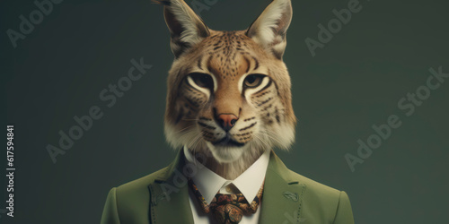 A portrait of a Iberian Lynx wearing a business suit. AI Generated