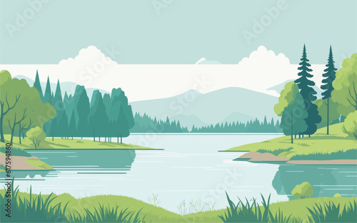 background illustration featuring a peaceful and idyllic natural setting. tranquil landscape with calm lake, gentle rolling hills, serene forest. Include a clear sky with soft clouds, harmony
