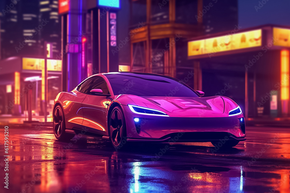 Captivating electric car radiating a mesmerizing display of shimmering lights, epitomizing futuristic elegance and eco-conscious luxury. generative Al.