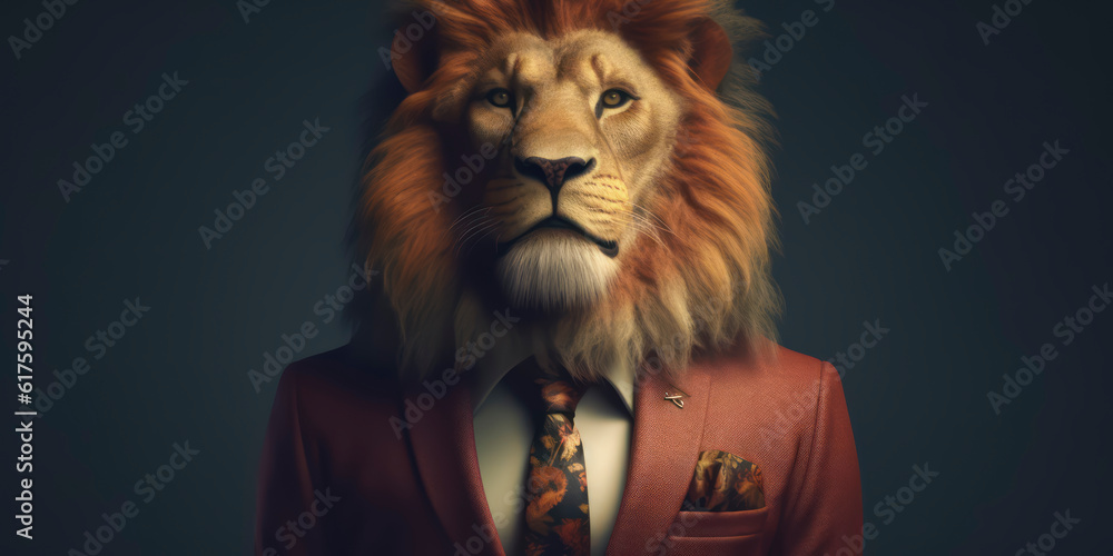 A portrait of a Lion wearing a business suit. AI Generated