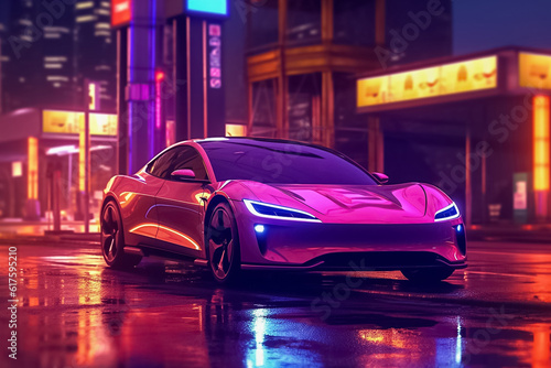 Captivating electric car radiating a mesmerizing display of shimmering lights  epitomizing futuristic elegance and eco-conscious luxury. generative Al.