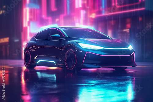 Captivating electric car radiating a mesmerizing display of shimmering lights  epitomizing futuristic elegance and eco-conscious luxury. generative Al.