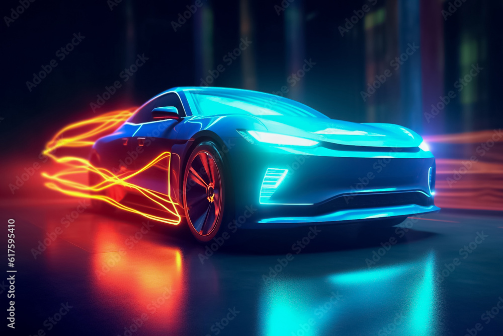 Captivating electric car radiating a mesmerizing display of shimmering lights, epitomizing futuristic elegance and eco-conscious luxury. generative Al. Captivating electric car radiating a mesmerizing display of shimmering lights, epitomizing futuristic elegance and eco-conscious luxury. generative Al.