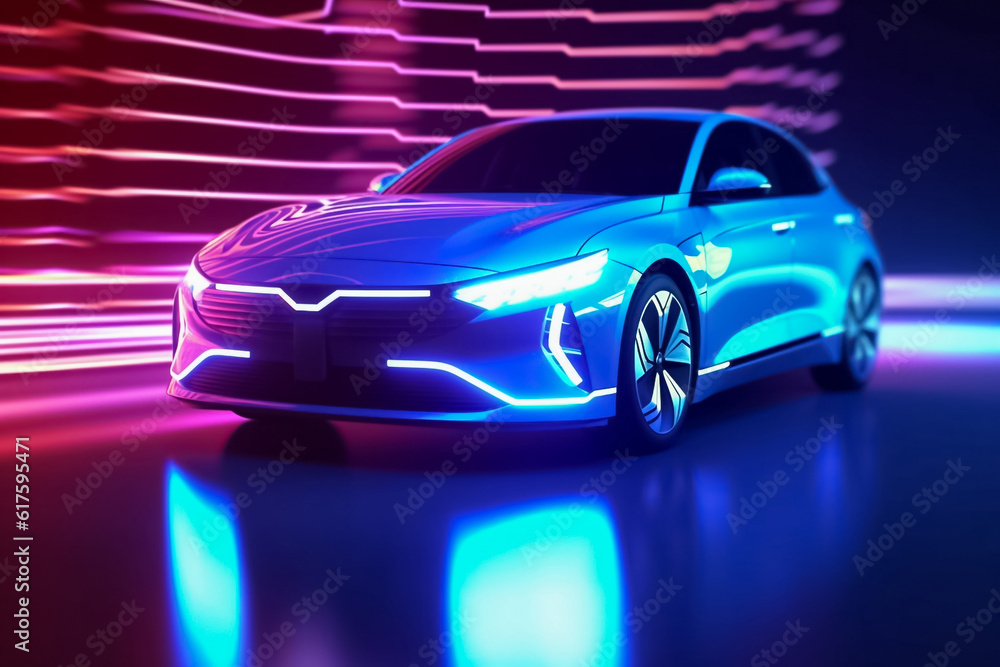 Captivating electric car radiating a mesmerizing display of shimmering lights, epitomizing futuristic elegance and eco-conscious luxury. generative Al.