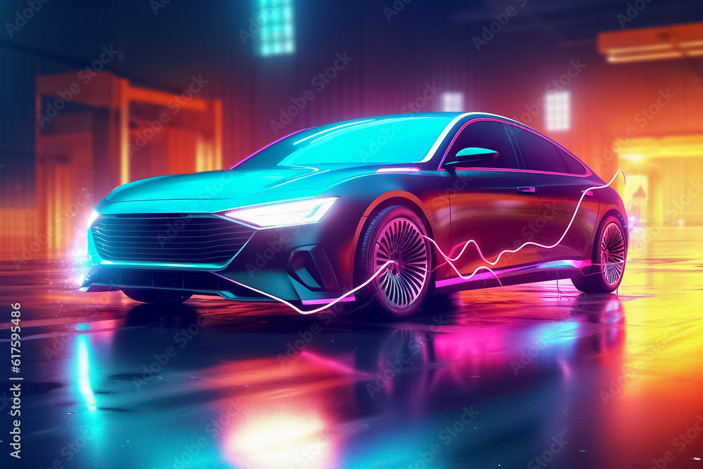 Captivating electric car radiating a mesmerizing display of shimmering lights, epitomizing futuristic elegance and eco-conscious luxury. generative Al. Captivating electric car radiating a mesmerizing display of shimmering lights, epitomizing futuristic elegance and eco-conscious luxury. generative Al.