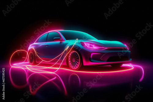 Captivating electric car radiating a mesmerizing display of shimmering lights  epitomizing futuristic elegance and eco-conscious luxury. generative Al.