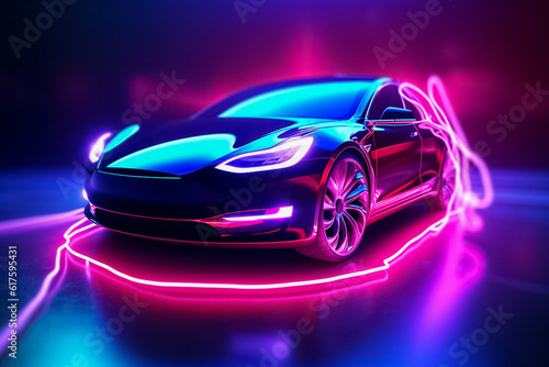 Captivating electric car radiating a mesmerizing display of shimmering lights  epitomizing futuristic elegance and eco-conscious luxury. generative Al.