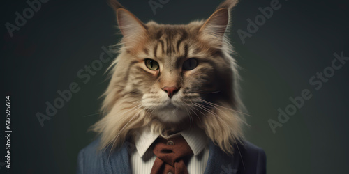A portrait of a Norwegian Forest cat wearing a business suit. AI Generated © Fernando