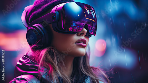 generative AI illustration, a blond woman wears a neon jacket and VR headsets, immersed in a neon-lit, futuristic virtual reality metaverse