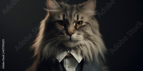 A portrait of a Norwegian Forest cat wearing a business suit. AI Generated