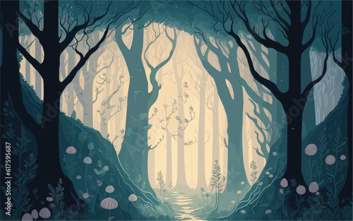 illustration showcasing an enchanting and magical forest. Depict towering trees with twisting branches, glowing mushrooms, and mystical creatures. fairy dust, winding path leading into the depths of