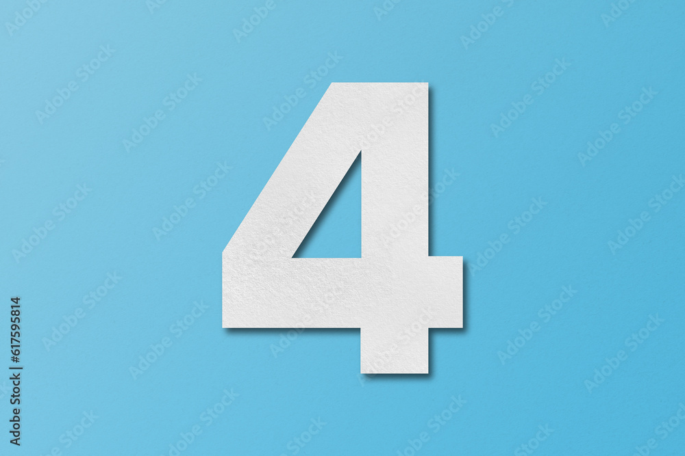Obraz premium White paper type paper alphabet number 4 isolated on light blue background.