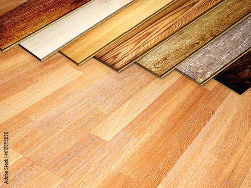 New planks of oak parquet of different colors on wooden floor. 3d render