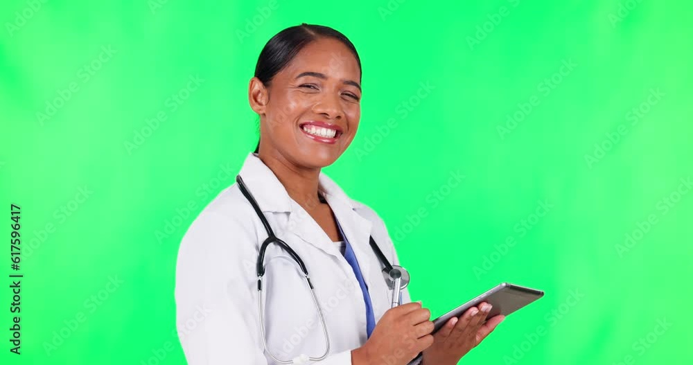 Tablet, face and doctor or woman on green screen, happy telehealth and healthcare service or paperless software. Medical worker, latino person or nurse on digital tech, research and studio background
