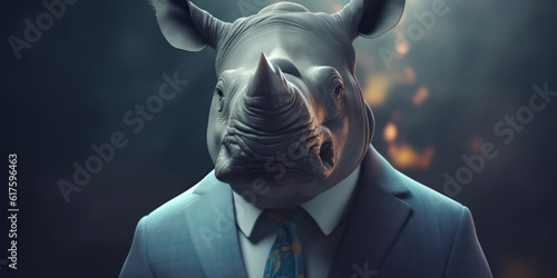 A portrait of a Rhinoceros wearing a business suit. AI Generated
