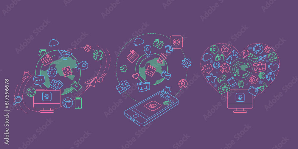 Obraz premium Flat linear illustration of social media, social networking, mobile app, sharing, communication, and social commerce.