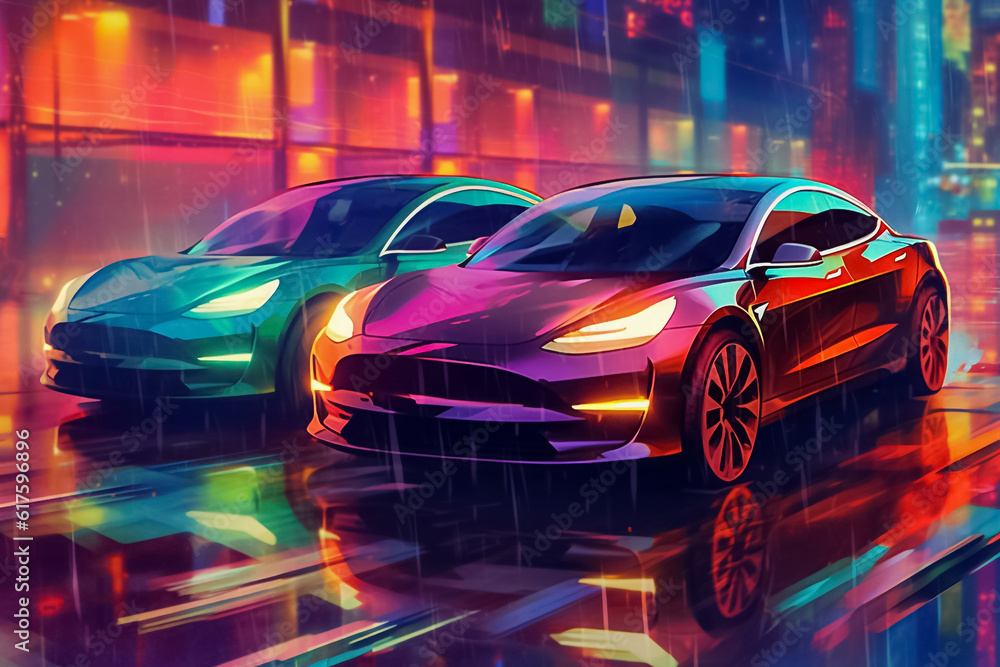 illustrated of Captivating electric car radiating a mesmerizing display of shimmering lights, epitomizing futuristic elegance and eco-conscious luxury. generative Al.